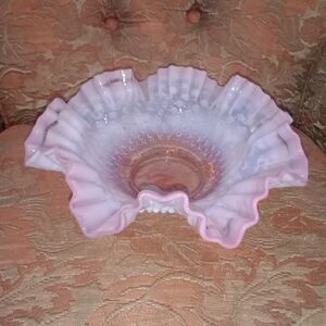 Vintage Fenton Glass Pink Crimp Ruffle Hobnail Bowl 10 7/8" Diameter Decor